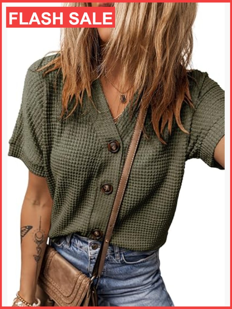Waffle Knit Button Down Shacket Blouse Short Sleeve V Neck Casual Dressy